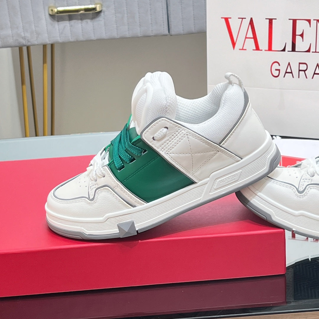 VALENTINO 25S GARAVANI OPEN SKATE SNEAKERS IN WHITE MIX GREEN LAMBSKIN STYLE 13