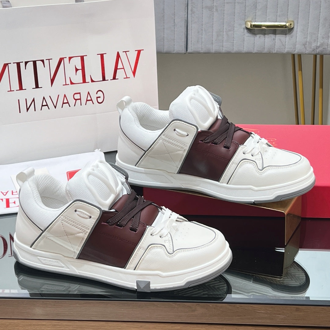 VALENTINO 25S GARAVANI OPEN SKATE SNEAKERS IN WHITE MIX BROWN LAMBSKIN STYLE 15