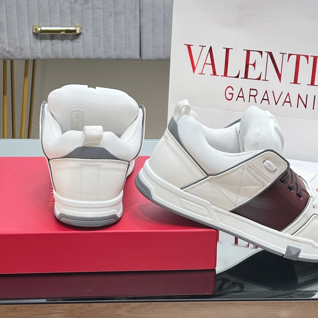 VALENTINO 25S GARAVANI OPEN SKATE SNEAKERS IN WHITE MIX BROWN LAMBSKIN STYLE 15