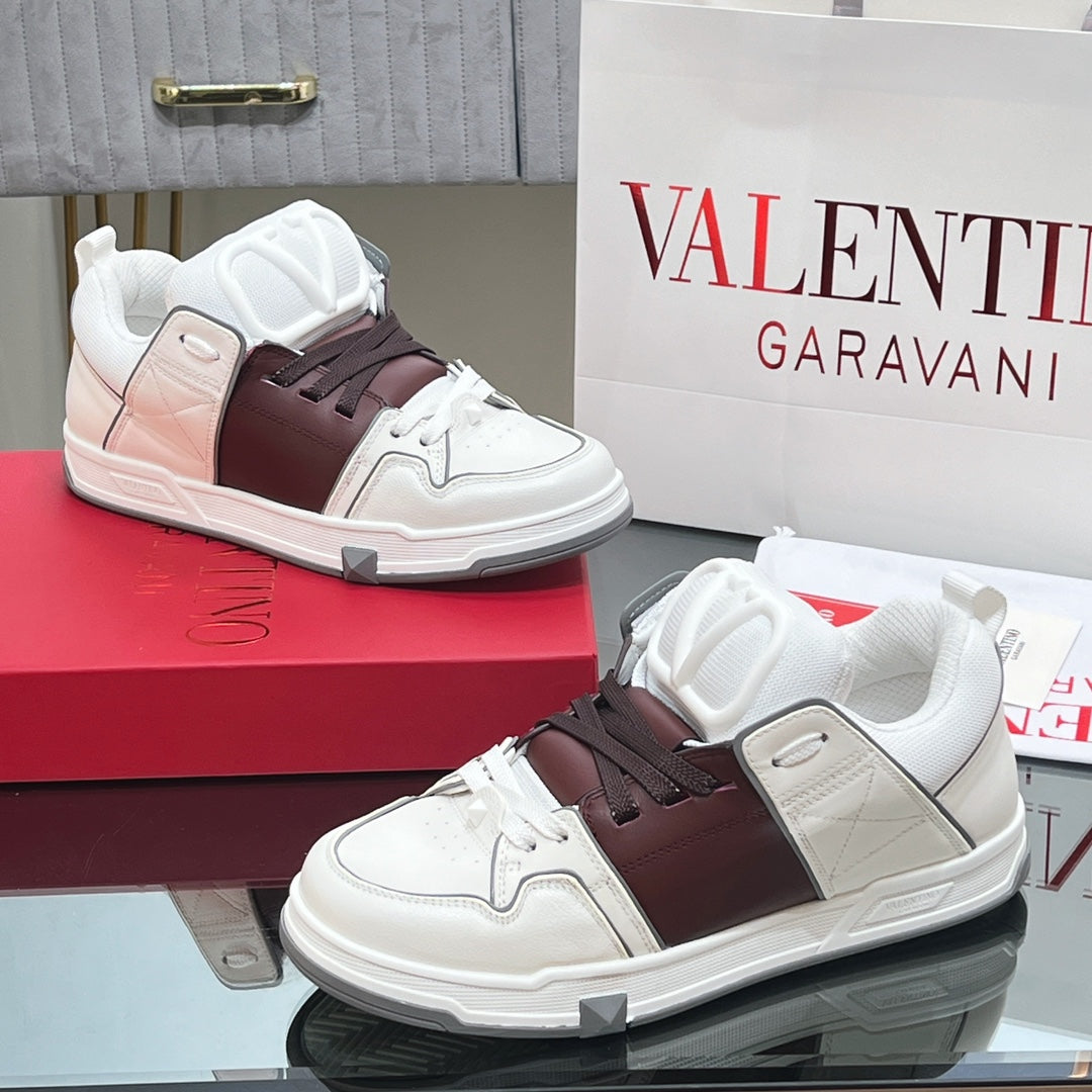 VALENTINO 25S GARAVANI OPEN SKATE SNEAKERS IN WHITE MIX BROWN LAMBSKIN STYLE 15