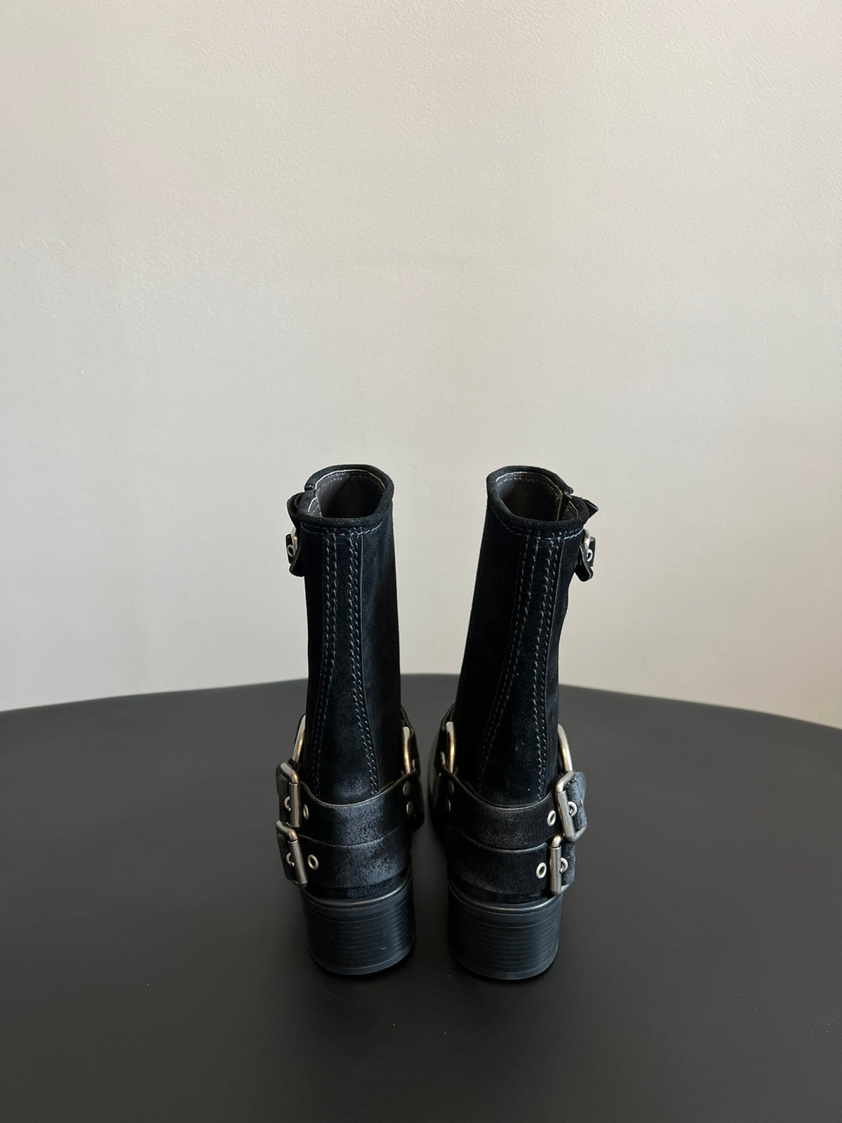 MIUMIU 26S MID-CALF BOOTS IN BLACK SUEDE SILVER HARDWARE