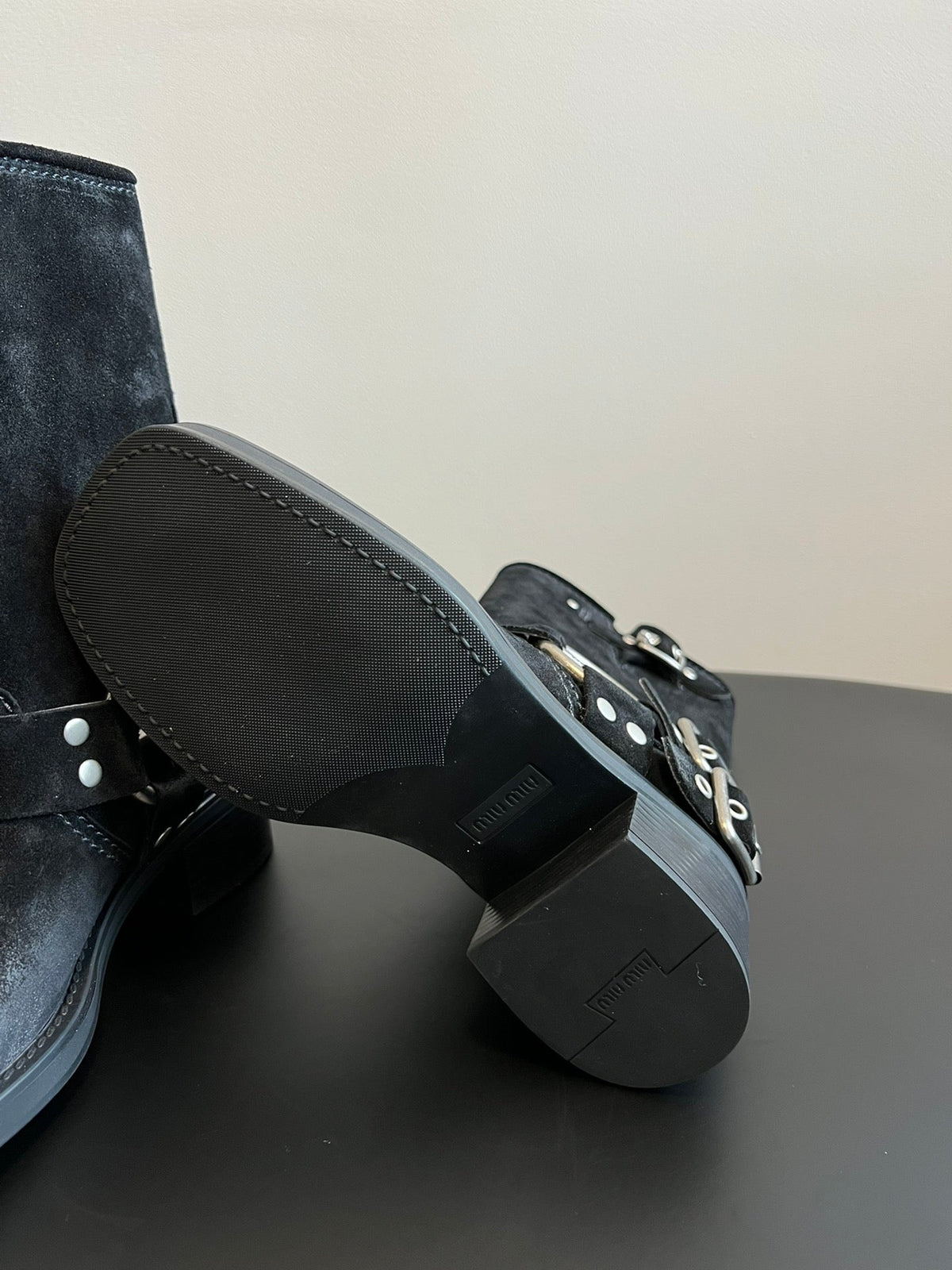 MIUMIU 26S MID-CALF BOOTS IN BLACK SUEDE SILVER HARDWARE