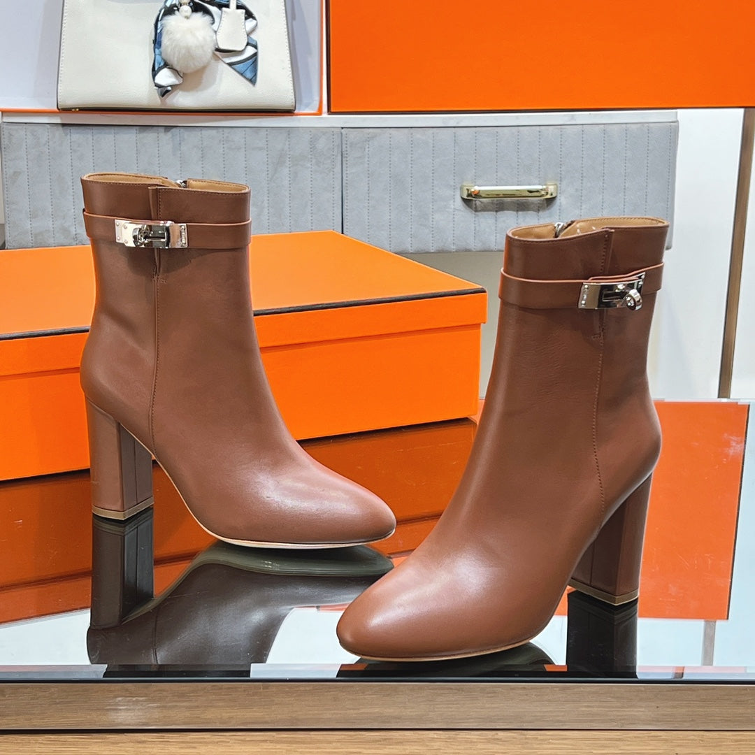 HM 25S SAINT GERMAIN ANKLE BOOTS 90 MM IN BROWN LAMBSKIN WITH SILVER HARDWARE