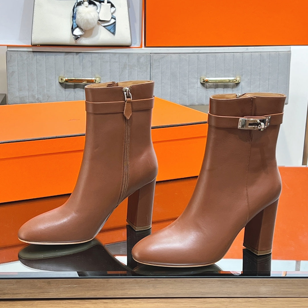 HM 25S SAINT GERMAIN ANKLE BOOTS 90 MM IN BROWN LAMBSKIN WITH SILVER HARDWARE