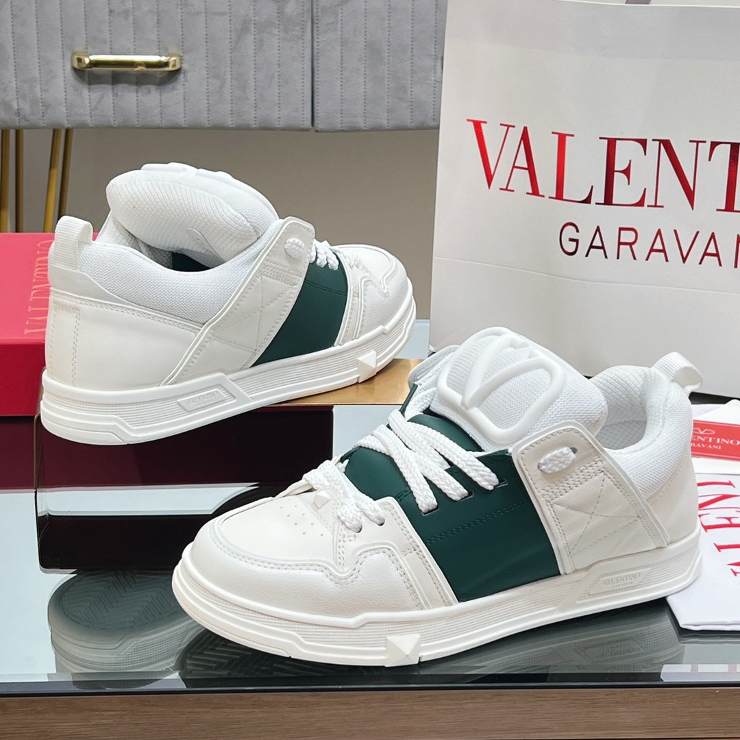 VALENTINO 25S GARAVANI OPEN SKATE SNEAKERS IN WHITE MIX DARK GREEN LAMBSKIN STYLE 12