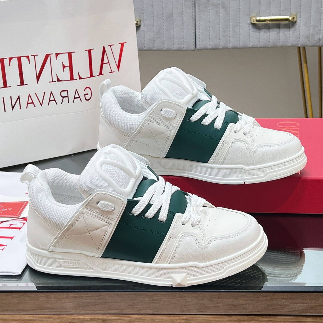 VALENTINO 25S GARAVANI OPEN SKATE SNEAKERS IN WHITE MIX DARK GREEN LAMBSKIN STYLE 12