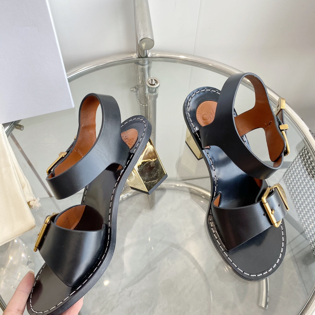 CHLOÉ REBECCA LOW HEELED SANDAL IN BLACK LAMBSKIN GOLD HARDWARE