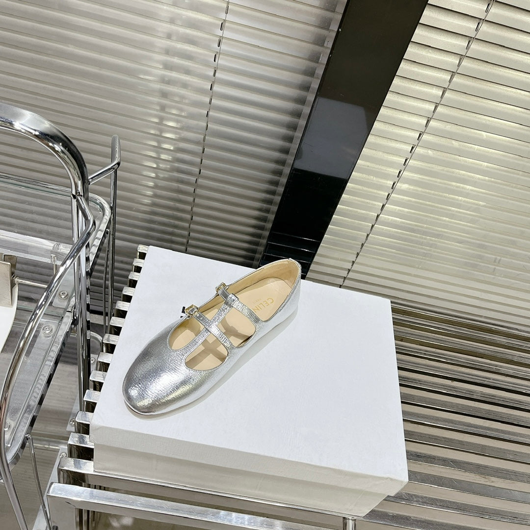 FLAT SANDALS WITH DOUBLE STRAP-DESIGN LEATHER SILVER