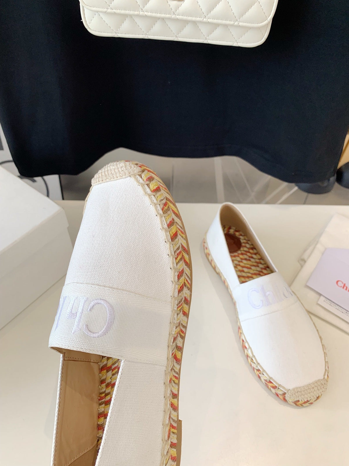 CHLOÉ LOAFER SHOES IN WHITE DENIM AND WOVEN RAFFIA