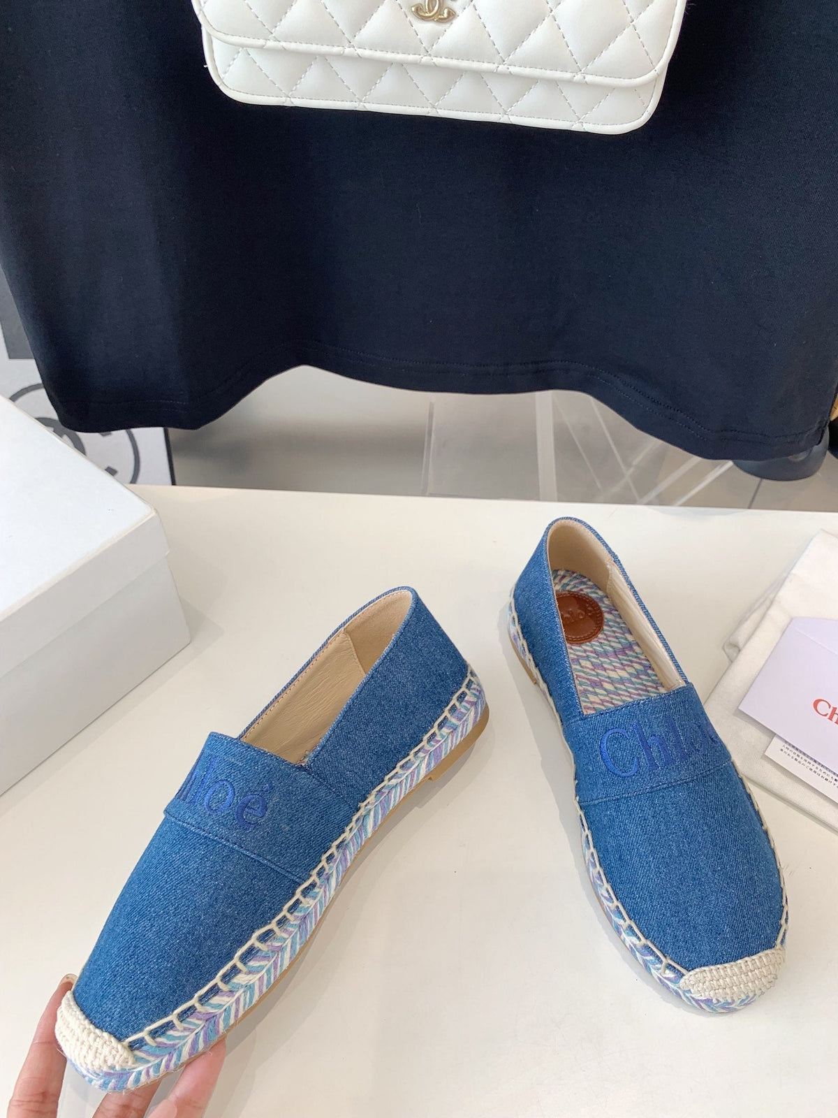 CHLOÉ LOAFER SHOES IN CERULEAN BLUE DENIM AND WOVEN RAFFIA