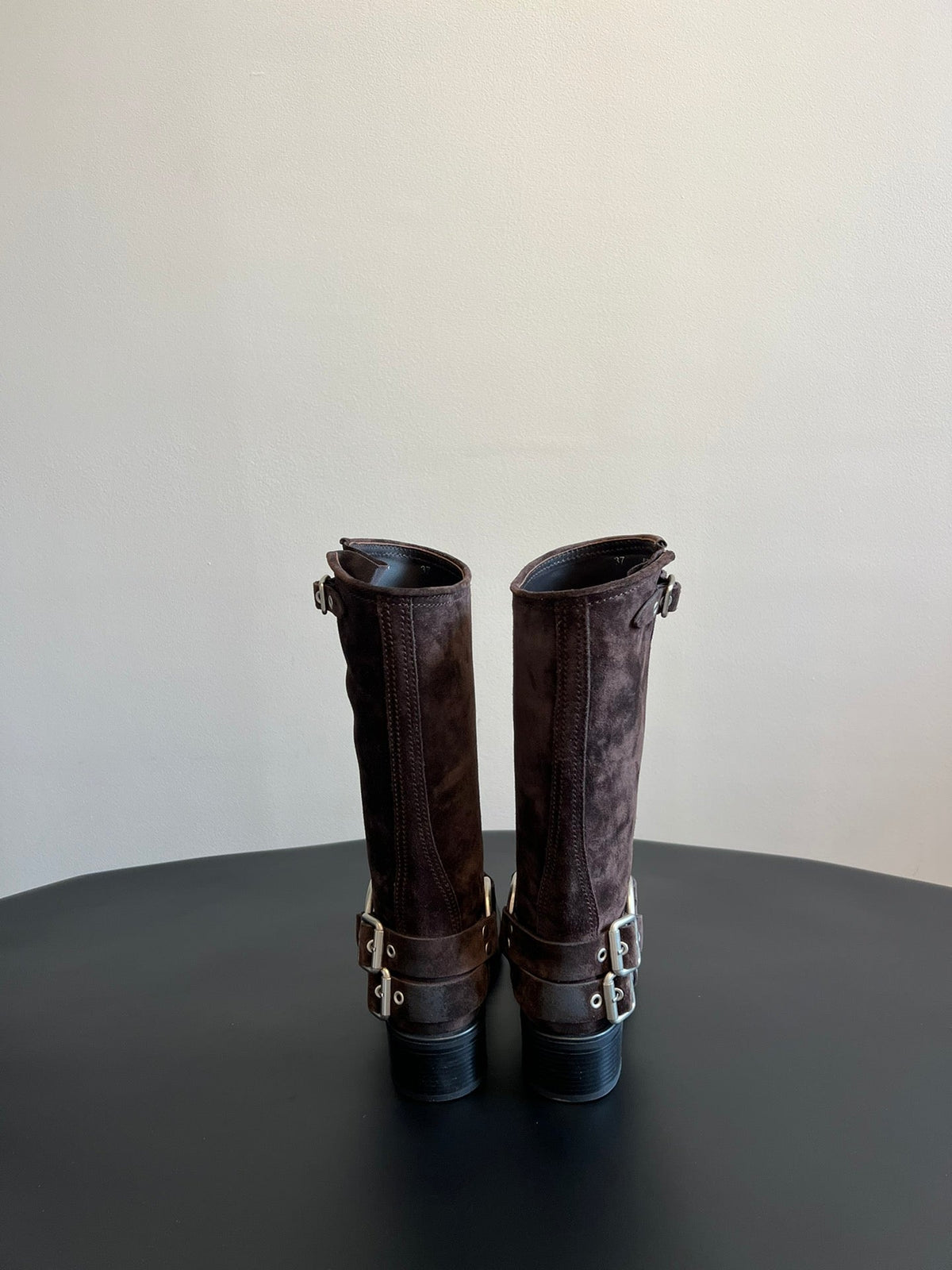 MIUMIU 26S KNEE-HIGH BOOTS IN DARK BROWN SUEDE SILVER HARDWARE