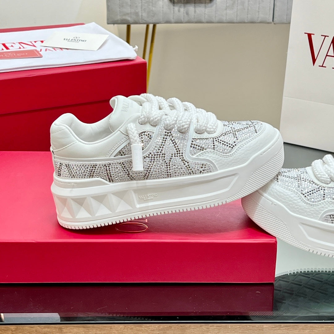 VALENTINO 25S GARAVANI ONE STUD XL PLATFORM SNEAKERS IN WHITE LAMBSKIN STONE-EMBELLISHED