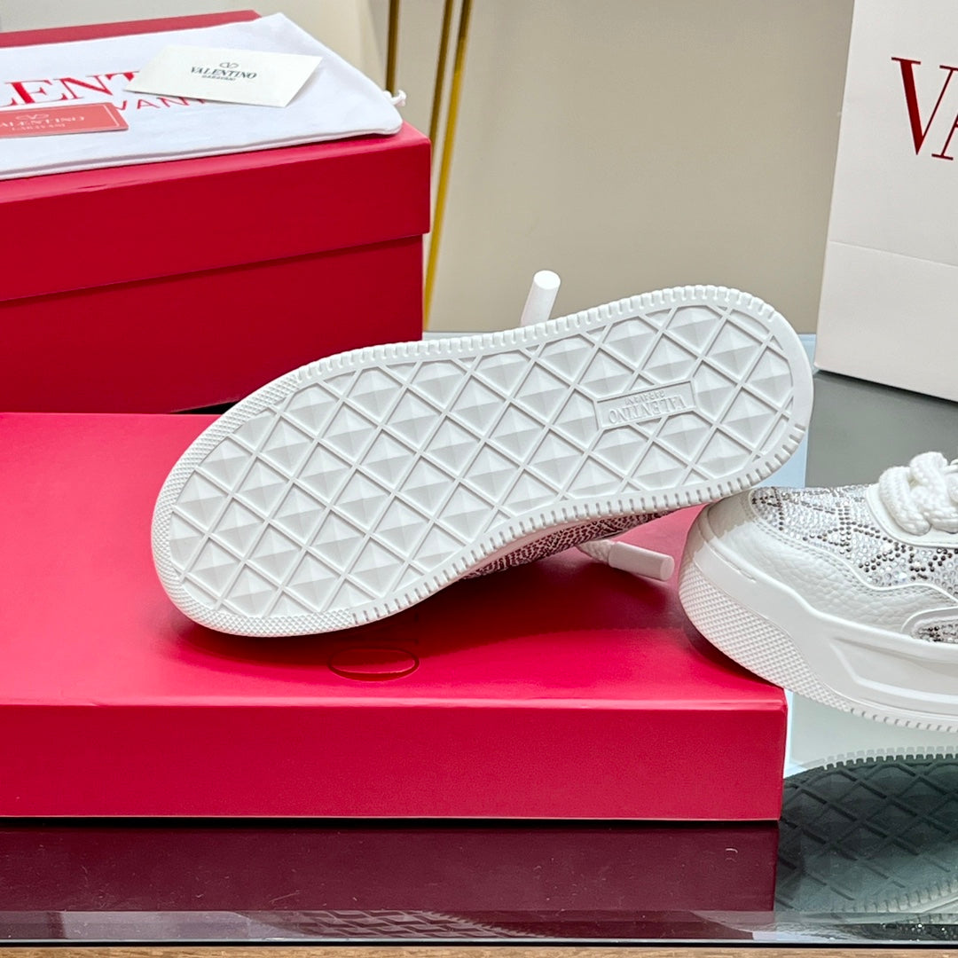VALENTINO 25S GARAVANI ONE STUD XL PLATFORM SNEAKERS IN WHITE LAMBSKIN STONE-EMBELLISHED