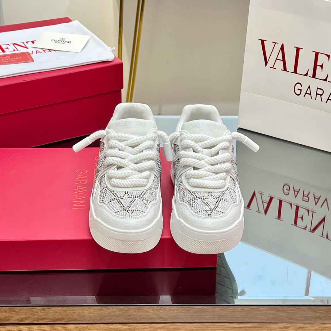 VALENTINO 25S GARAVANI ONE STUD XL PLATFORM SNEAKERS IN WHITE LAMBSKIN STONE-EMBELLISHED