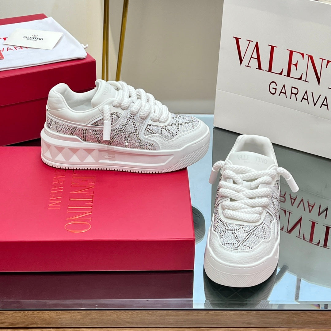 VALENTINO 25S GARAVANI ONE STUD XL PLATFORM SNEAKERS IN WHITE LAMBSKIN STONE-EMBELLISHED