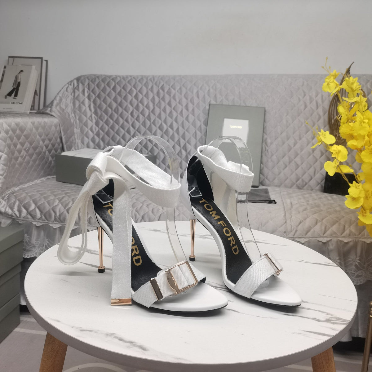 HIGH HEEL 10 CM IN WHITE FABRIC AND LAMBSKIN