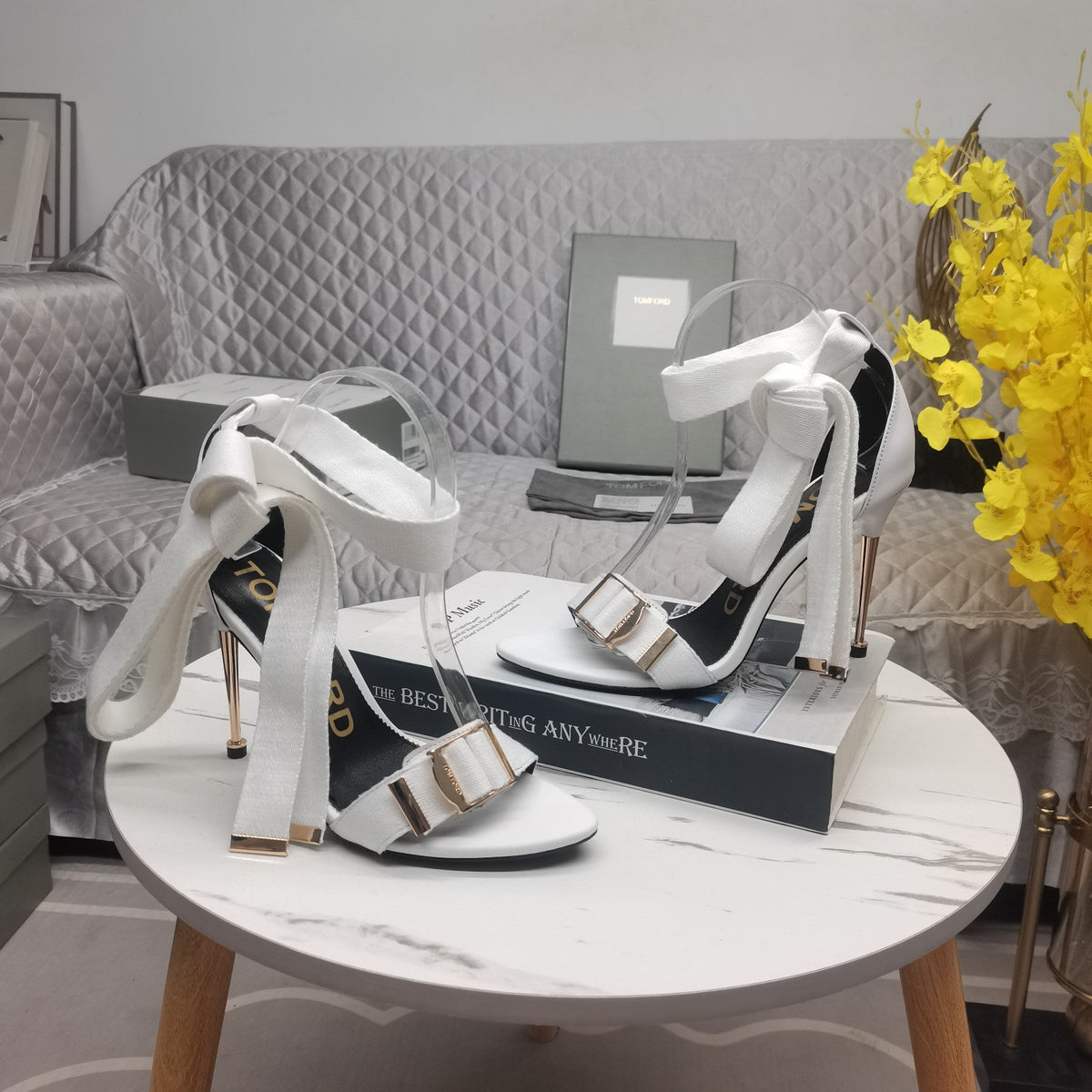 HIGH HEEL 10 CM IN WHITE FABRIC AND LAMBSKIN