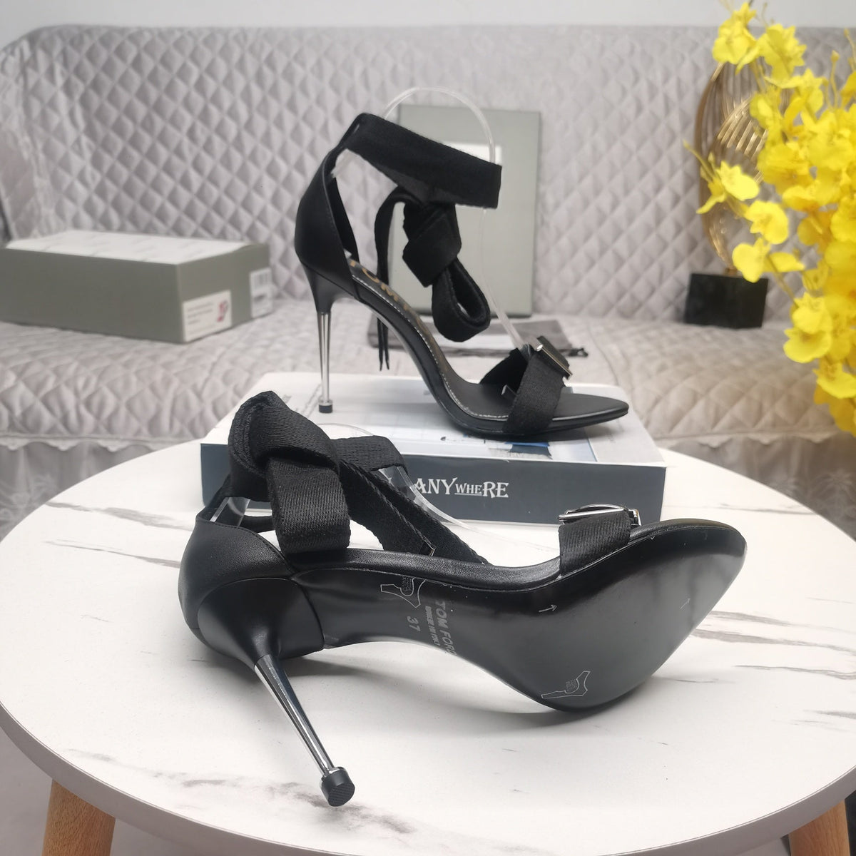 HIGH HEEL 10 CM IN BLACK FABRIC AND LAMBSKIN
