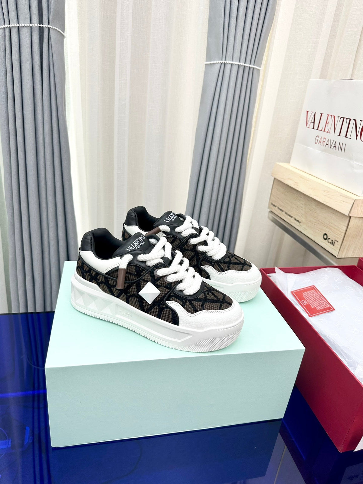One Stud Xl Low-Top Sneaker Brown Black White Nappa Leather And Toile Iconographe Fabric
