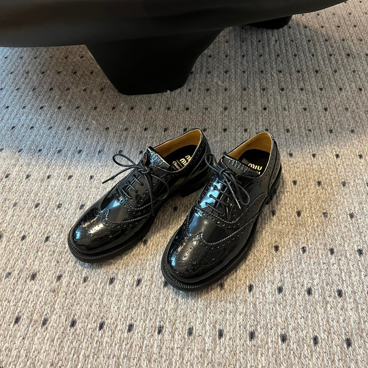 MIUMIU 26S LACE-UP BROGUE LOAFERS IN BLACK PATENT CALFSKIN