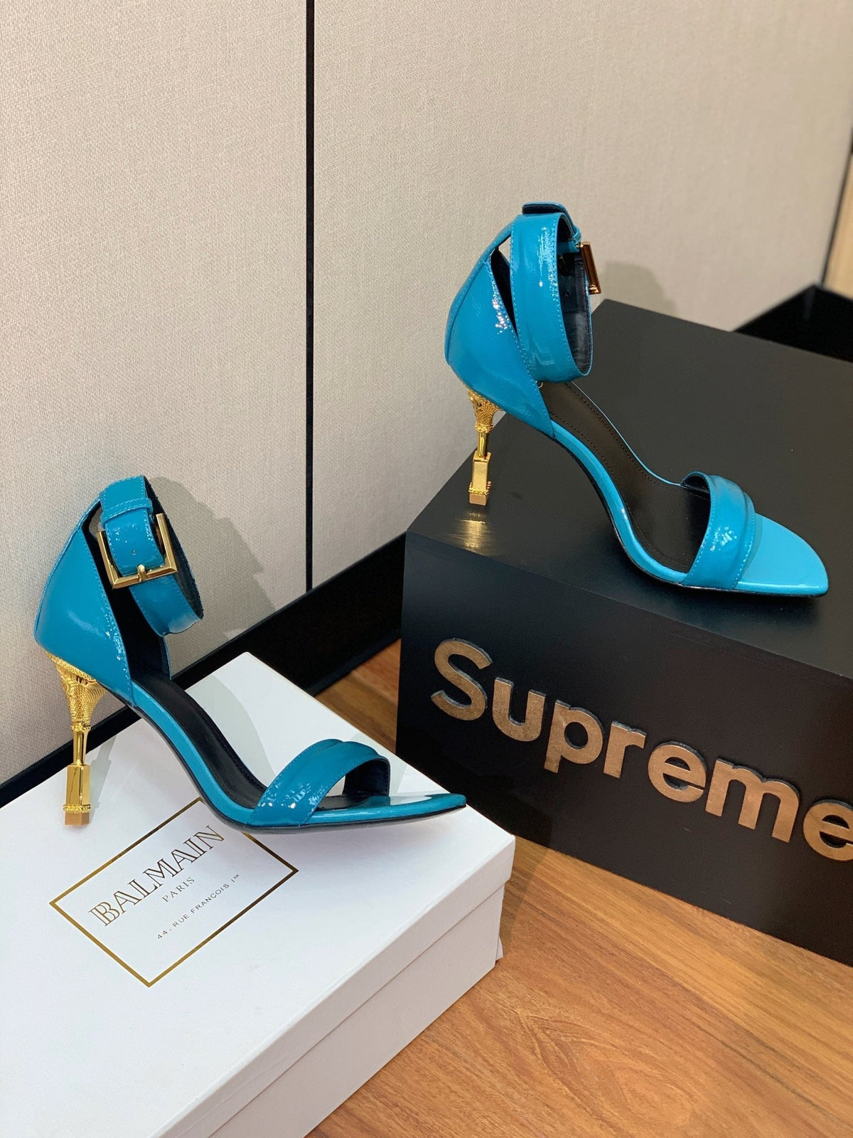 BALMAIN 26S METAL-HEEL SANDALS 105 MM IN CERULEAN BLUE CALFSKIN