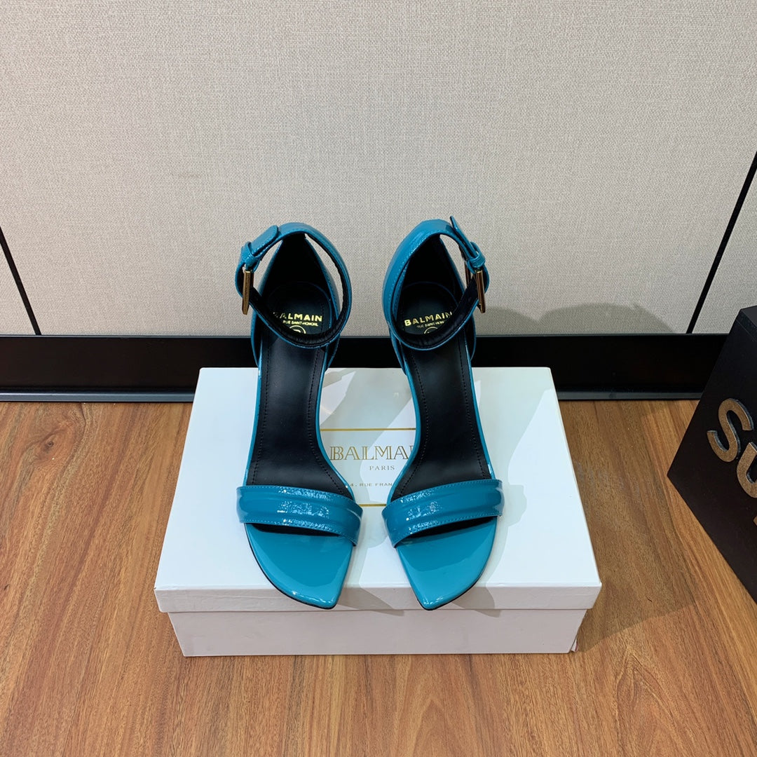 BALMAIN 26S METAL-HEEL SANDALS 105 MM IN CERULEAN BLUE CALFSKIN