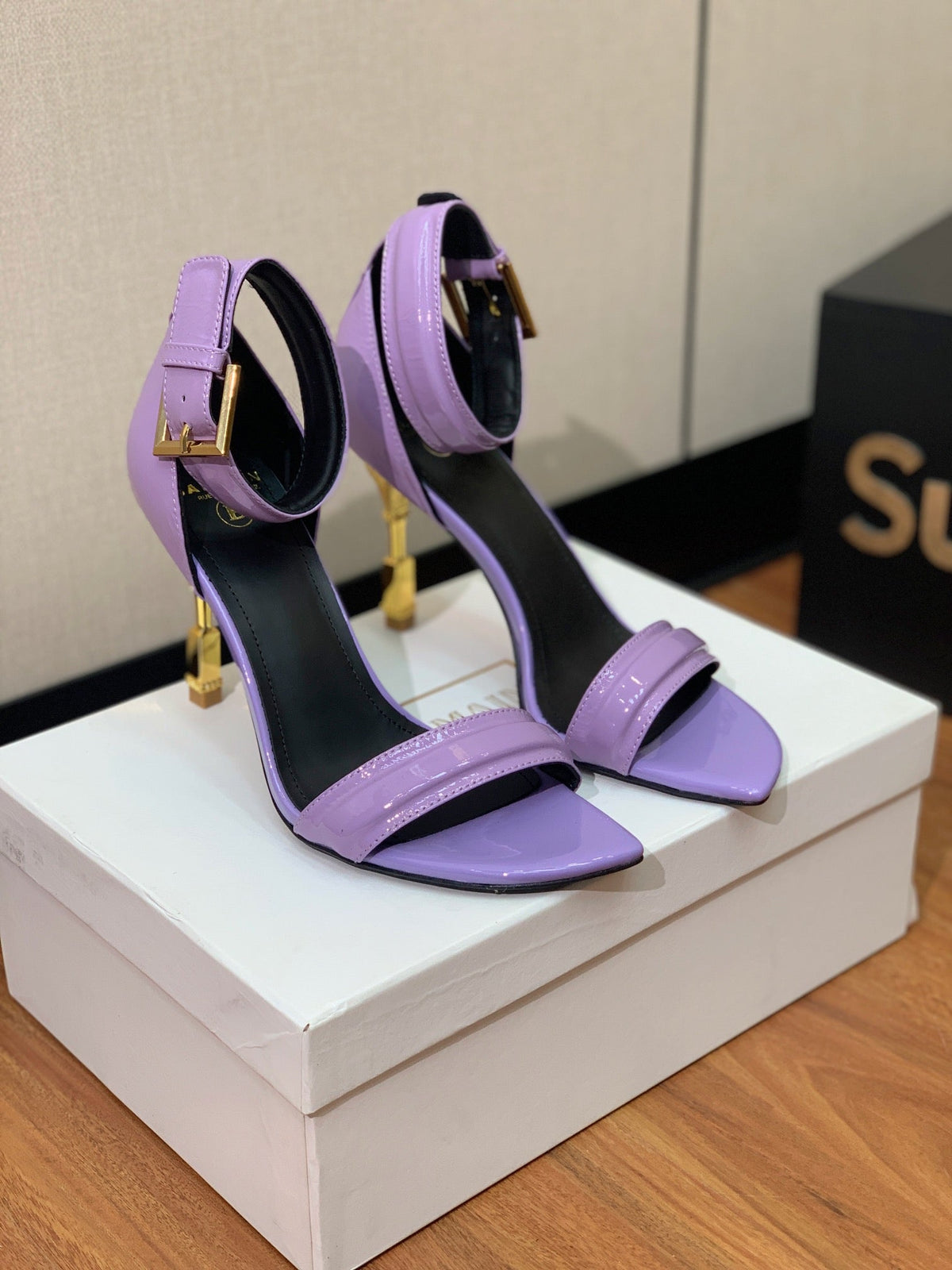 BALMAIN 26S METAL-HEEL SANDALS 105 MM IN PURPLE CALFSKIN