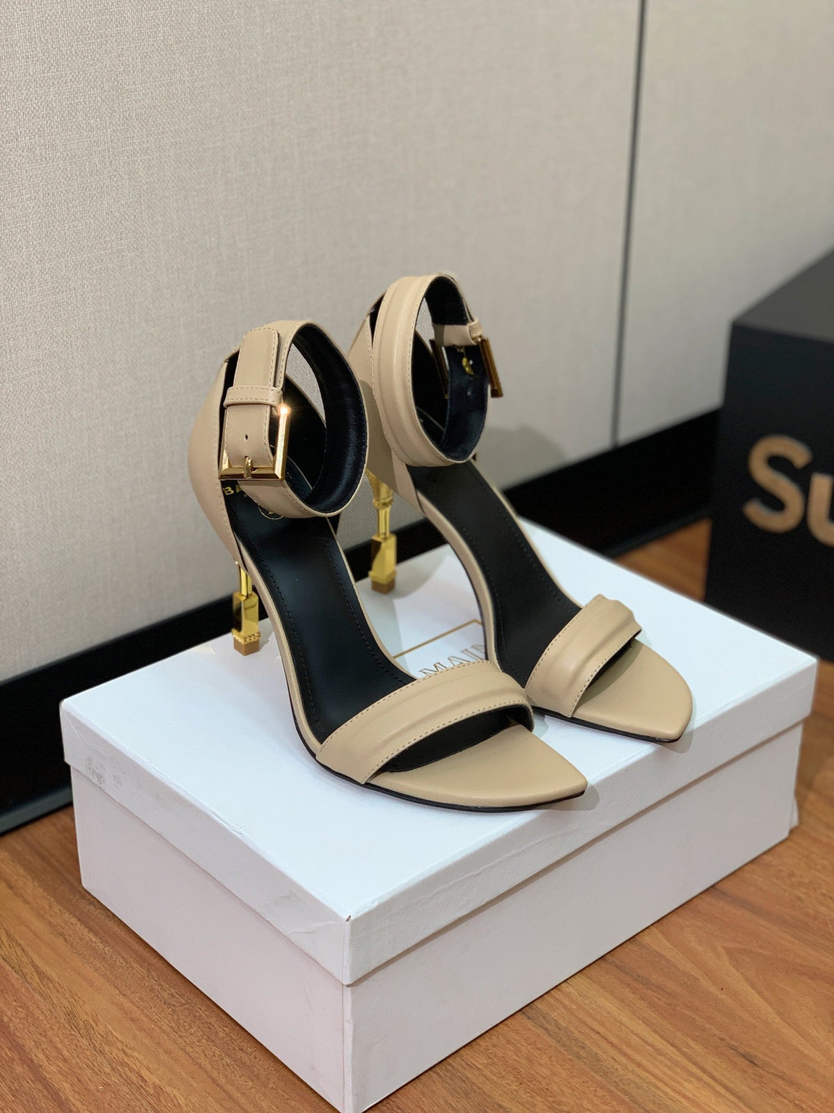 BALMAIN 26S METAL-HEEL SANDALS 105 MM IN DARK BEIGE CALFSKIN