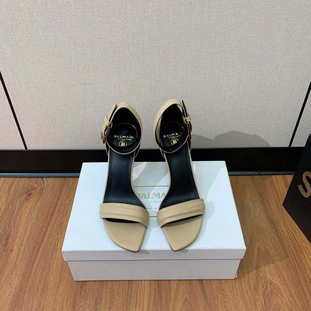 BALMAIN 25S SQUARE STRAP HIGH HEELS 100MM IN BEIGE GRAY CALFSKIN