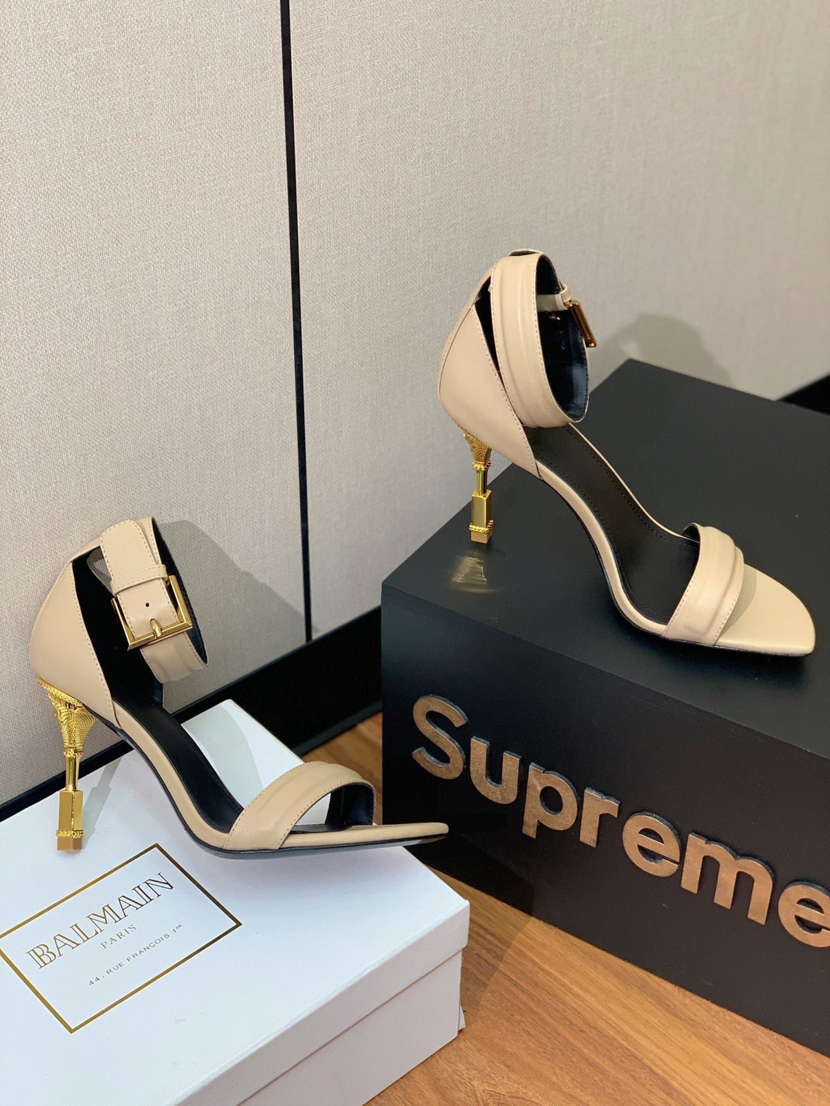 BALMAIN 26S METAL-HEEL SANDALS 105 MM IN DARK BEIGE CALFSKIN