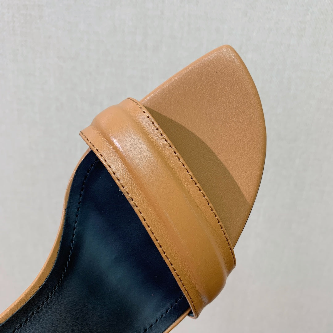 BALMAIN 25S SQUARE STRAP HIGH HEELS 100MM IN CARAMEL CALFSKIN