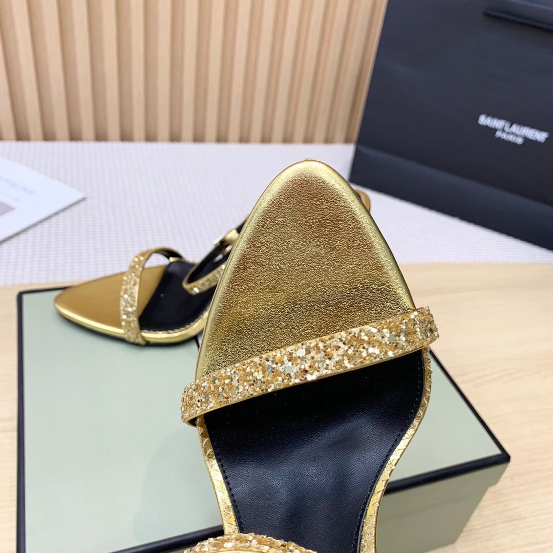 CRYSTAL PADLOCK HIGH HEEL 10 CM SANDAL IN GOLD SHEEPSKIN