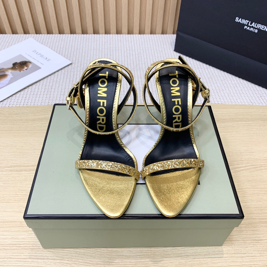 CRYSTAL PADLOCK HIGH HEEL 10 CM SANDAL IN GOLD SHEEPSKIN