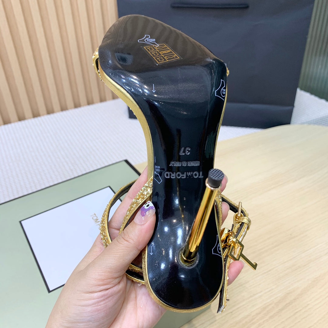 CRYSTAL PADLOCK HIGH HEEL 10 CM SANDAL IN GOLD SHEEPSKIN