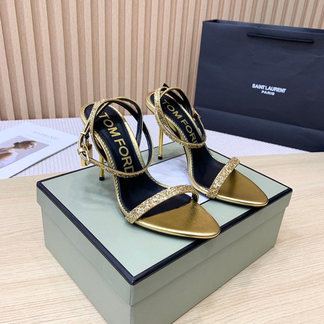 CRYSTAL PADLOCK HIGH HEEL 10 CM SANDAL IN GOLD SHEEPSKIN