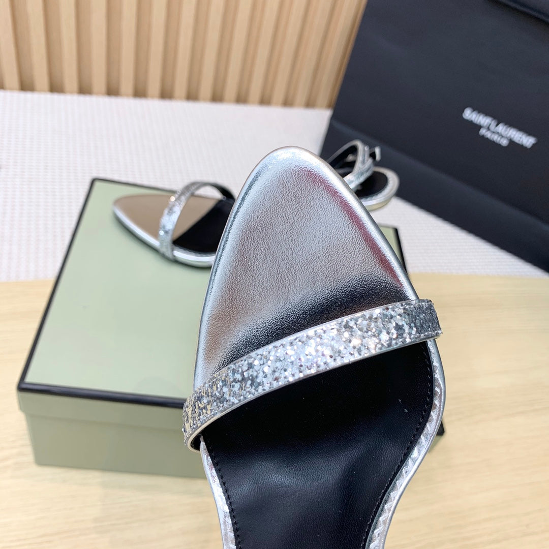 CRYSTAL PADLOCK HIGH HEEL 10 CM SANDAL IN SILVER SHEEPSKIN