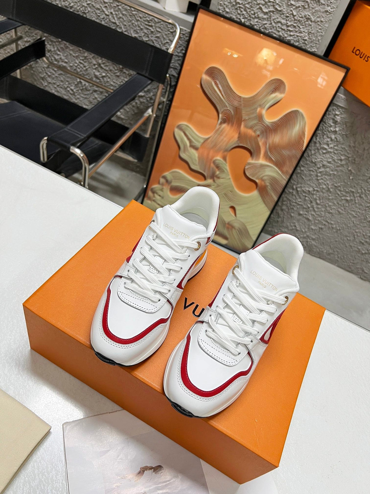 LV WOMEN SNEAKER IN WHITE MIX CHERRY RED CALFSKIN
