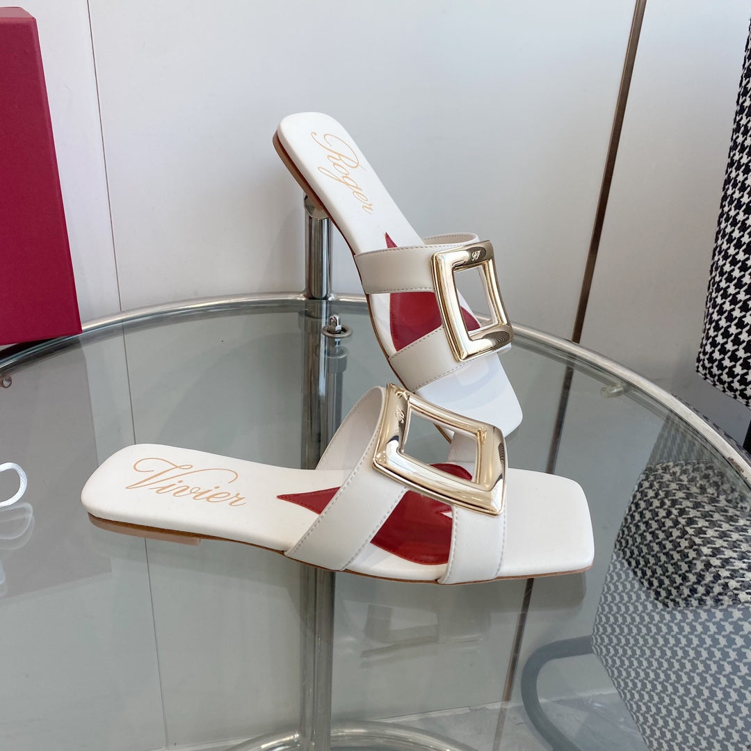 VIV' BY THE SEA LOVE METAL MULES IN WHITE CALFSKIN GOLD BUCKLE