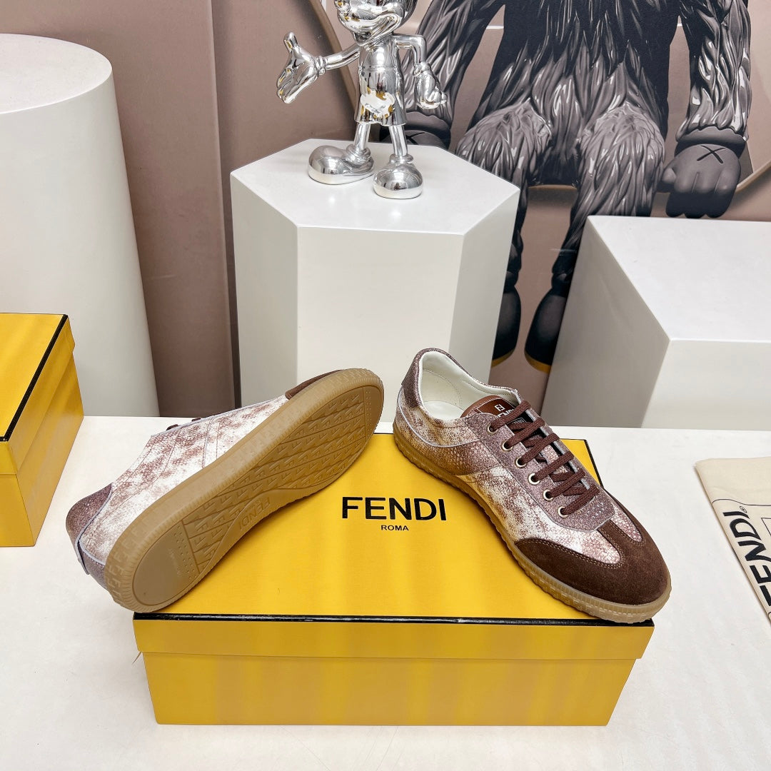 FENDI FLIGHT SNEAKER IN UMBER BROWN SUEDE AND LAMBSKIN