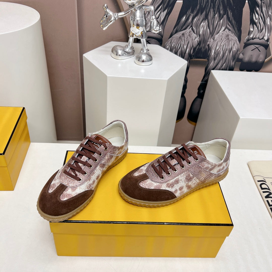 FENDI FLIGHT SNEAKER IN UMBER BROWN SUEDE AND LAMBSKIN