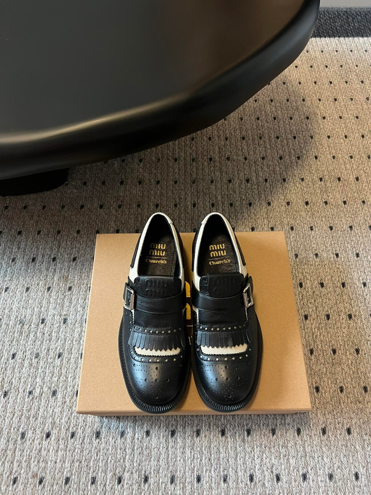 MIUMIU 26S FRINGE BUCKLE LOAFERS IN BLACK CALFSKIN
