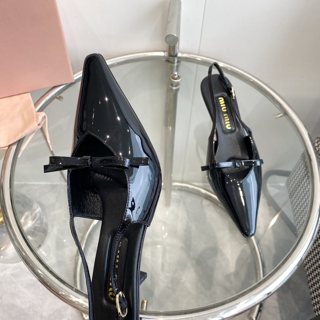 HIGH-SLINGBACK POINTED TOE SANDALS BLACK COWHIDE WITH BOW