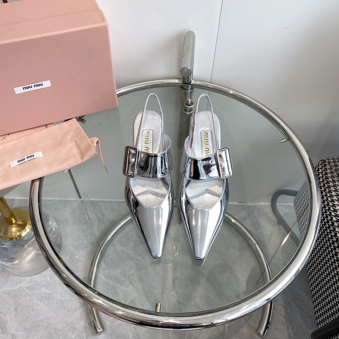 HIGH-SLINGBACK POINTED TOE SANDALS SILVER COWHIDE