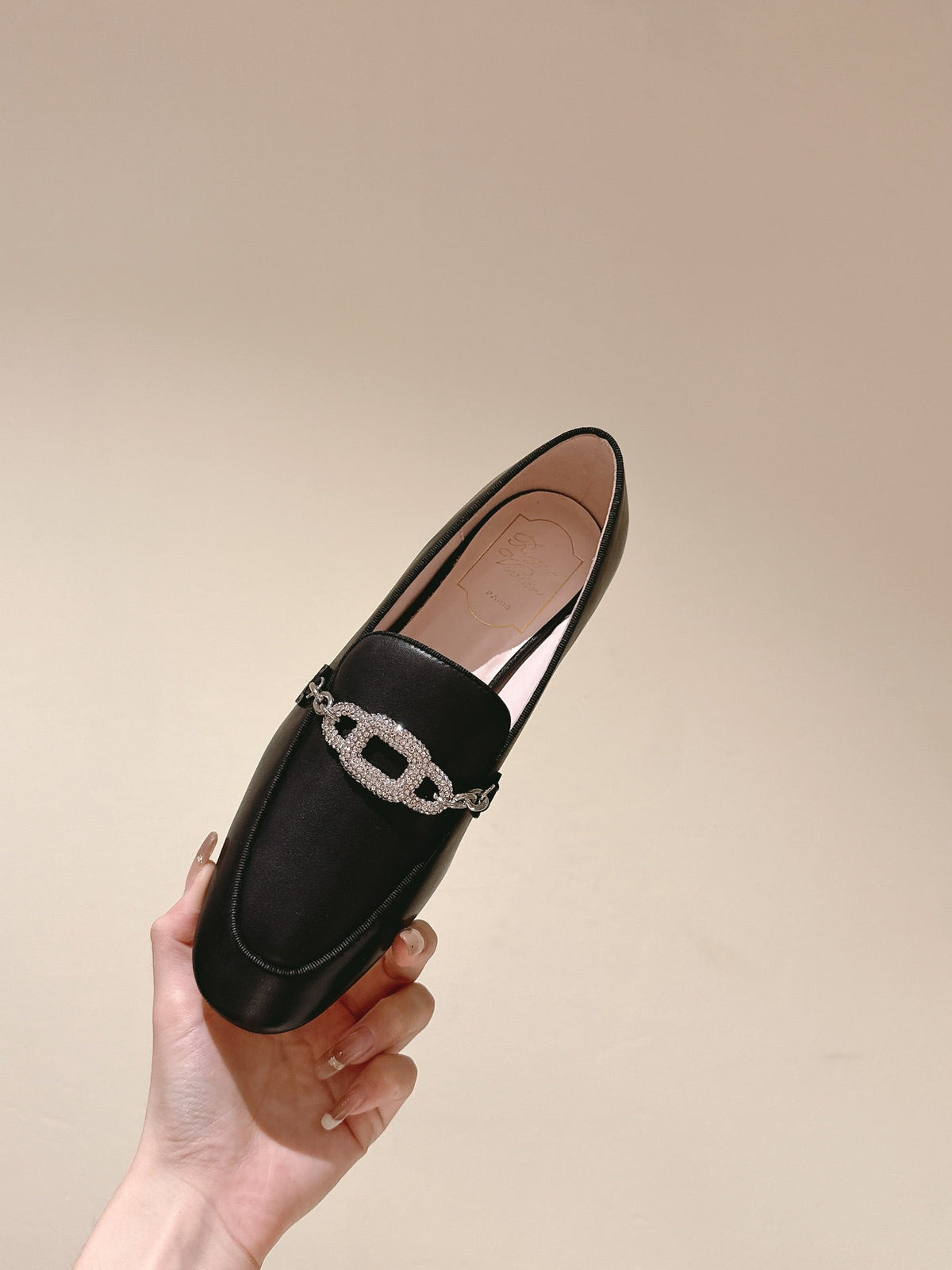 STRASS CHAIN LOAFERS IN BLACK CALFSKIN WITH CRYSTAL CHAIN DETAIL