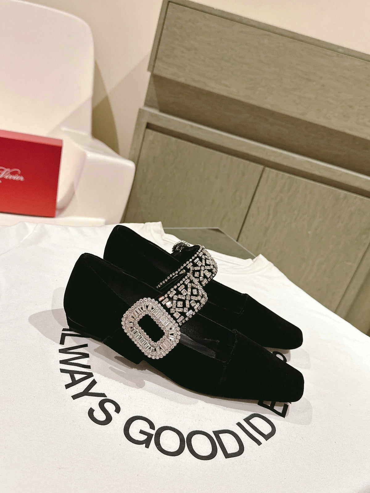 MARY JANES IN BLACK VELVET WITH CRYSTAL EMBELLISHED STRAP