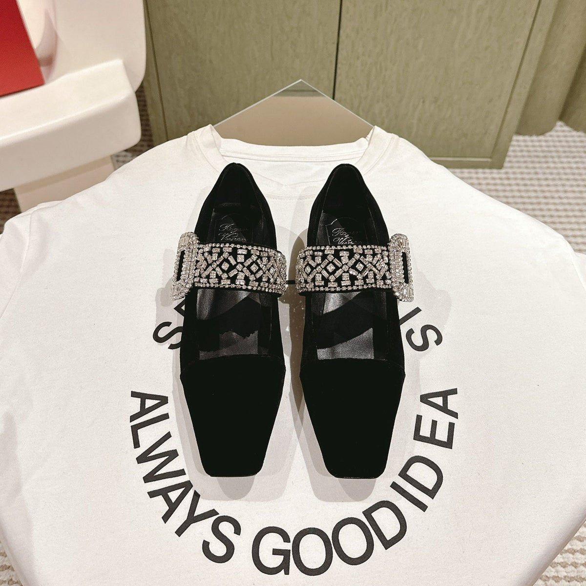 MARY JANES IN BLACK VELVET WITH CRYSTAL EMBELLISHED STRAP