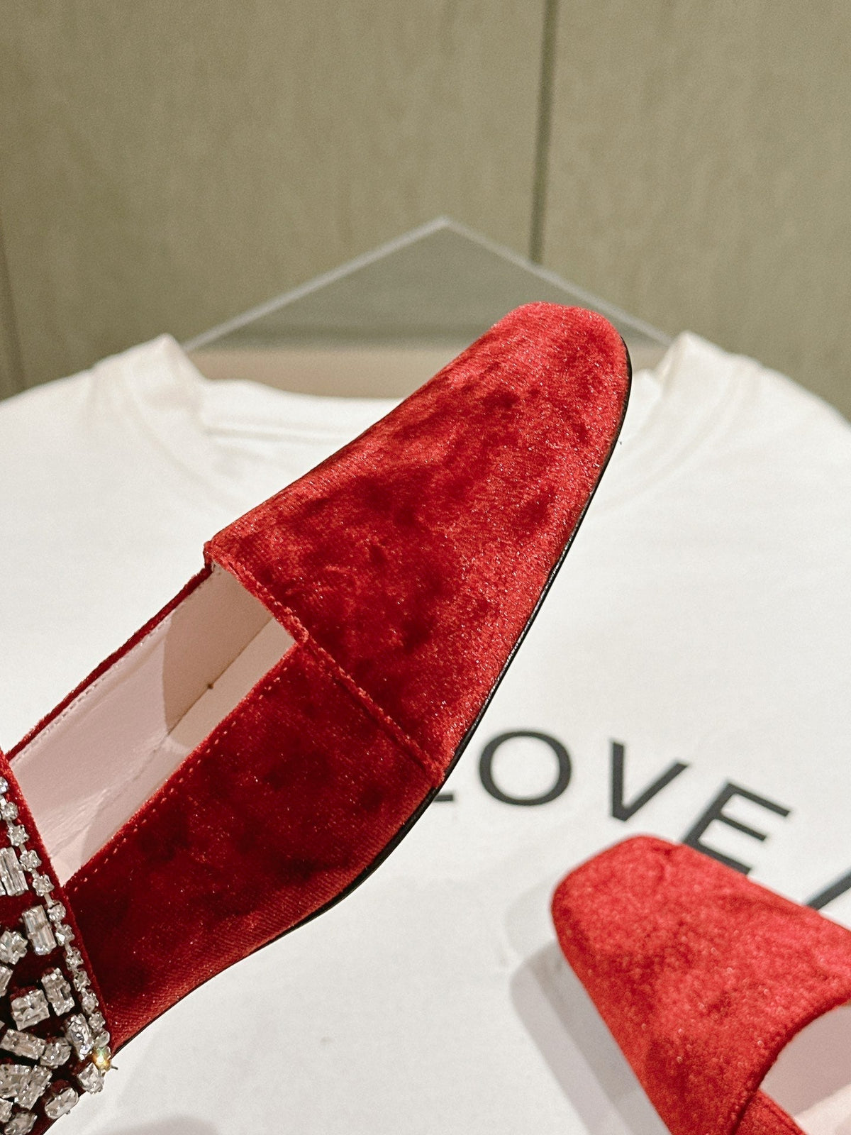 MARY JANES IN RED VELVET WITH CRYSTAL EMBELLISHED STRAP