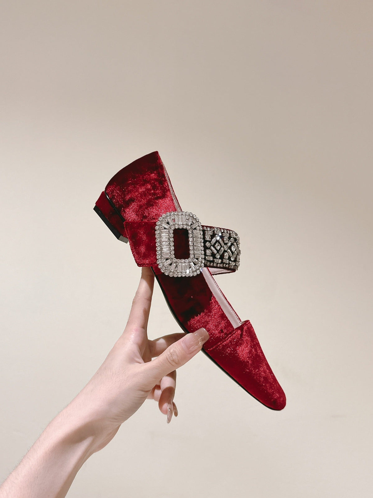 MARY JANES IN RED VELVET WITH CRYSTAL EMBELLISHED STRAP