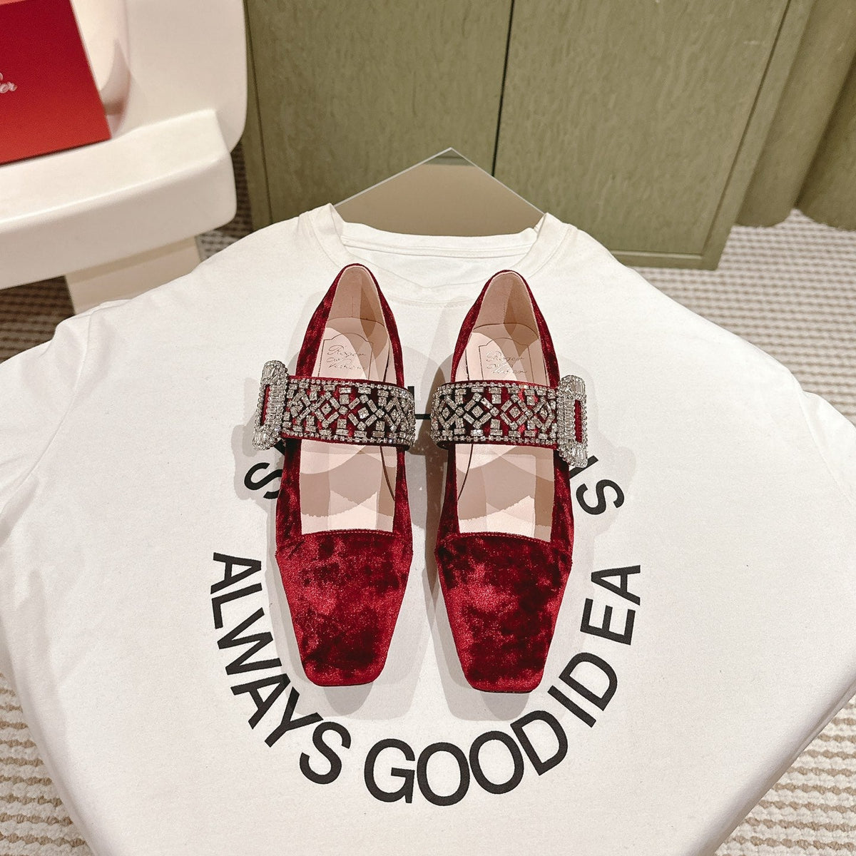 MARY JANES IN RED VELVET WITH CRYSTAL EMBELLISHED STRAP