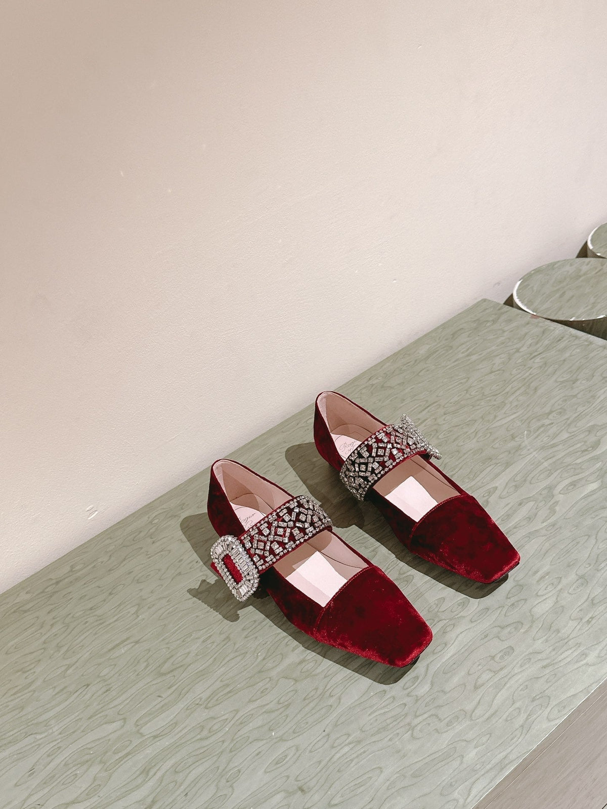 MARY JANES IN RED VELVET WITH CRYSTAL EMBELLISHED STRAP